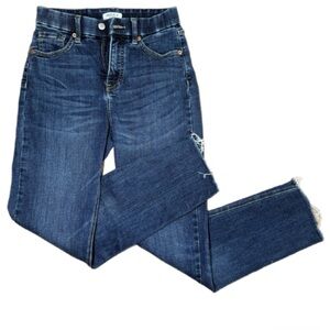 Straight Leg Jeans Size 26 Dark Wash Raw Hem Distressed Denim Mid Rise Stretchy